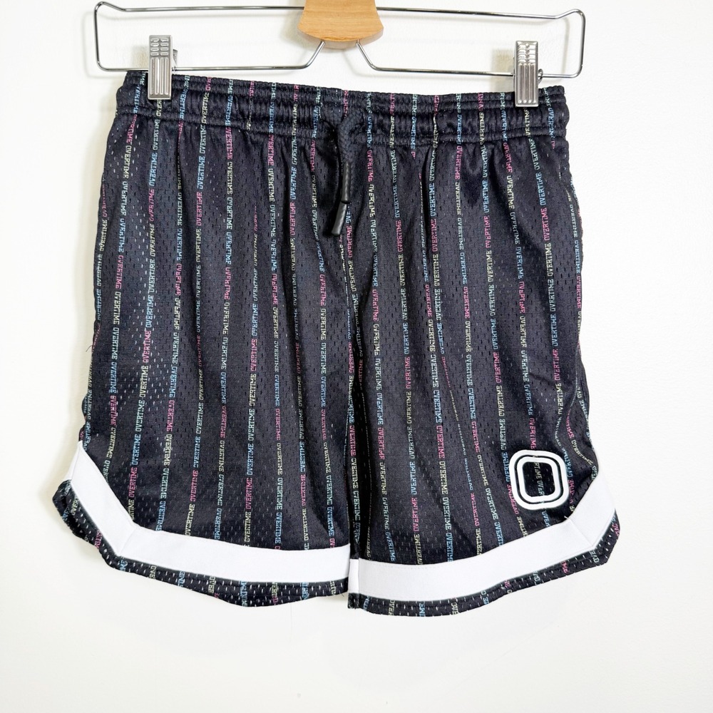 Overtime Mesh Basketball Shorts Boys YXL Black Pinstripe Logo Athletic Gym
